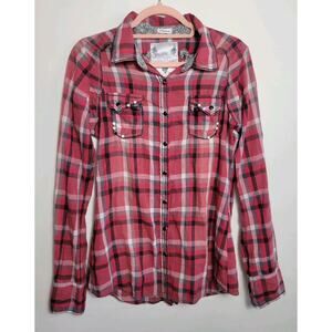 ROAR Passion To Roar Women's Shirt Red Plaid Cowgirl Embroidered Cross M Bling